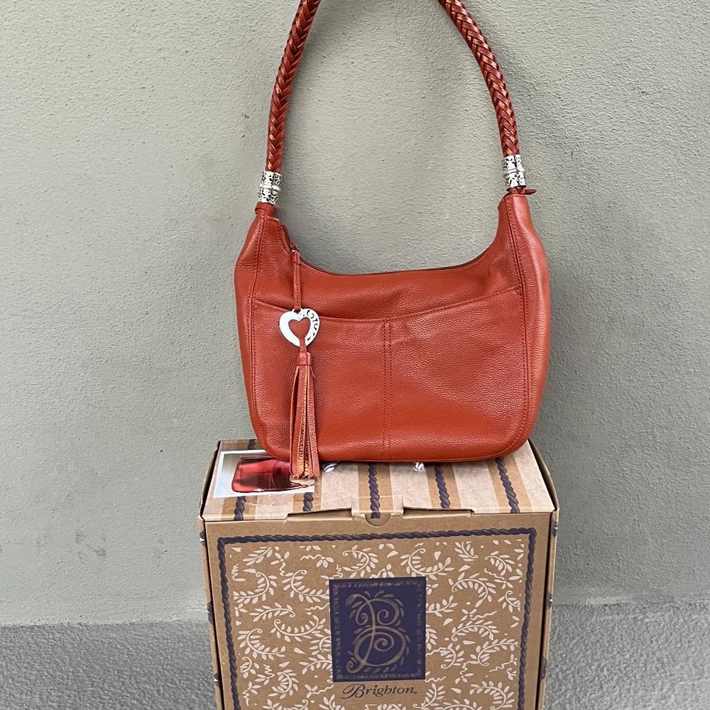 Brighton Barbados Ziptop Leather Hobo Shoulder Handbag in Rust